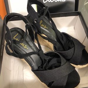 Lulus Esme Black Lace-Up Espadrille Wedges